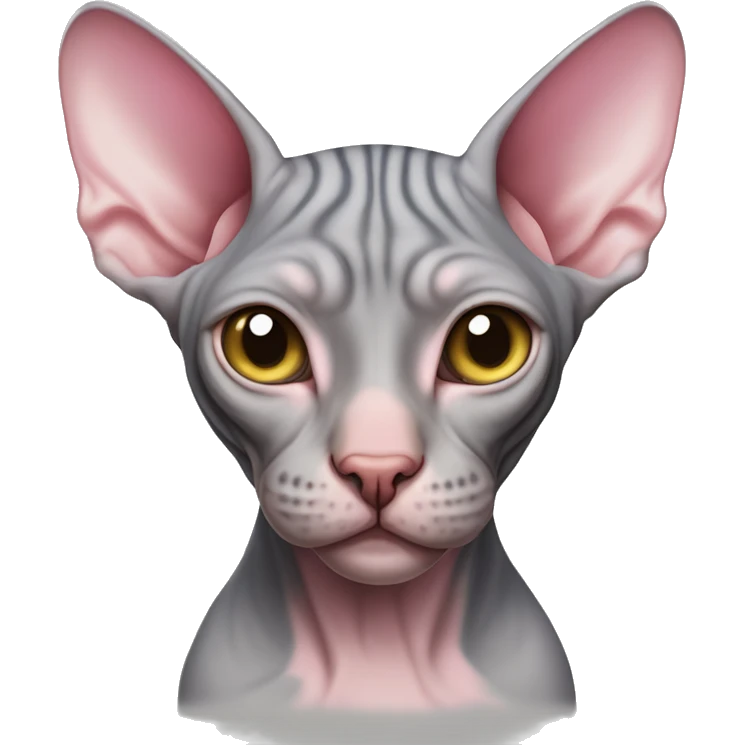 gray hairless sphynx cat with pink spots, very fat and with a pink side on one side of the head emoji