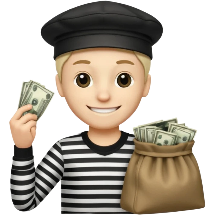 robber with 4 lines of black and white striped shirt and he has a money bag in his hand and a robber hat and he is smiling and he is whiteno money in his hand no money out of bag the bag is to the left  emoji