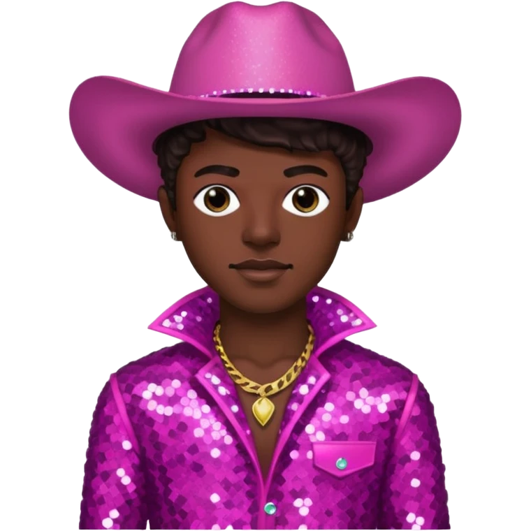 Lil Nas X with dark brown hair, dark pink sequin outfit emoji