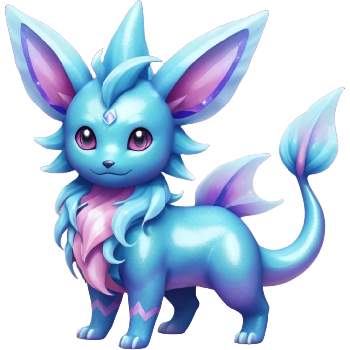 Magical pastel iridescent scaley blue-cyan-indigo-purple-violet-pink-gradients nebula shiny glittery Suicune-Vaporeon-Primarina-Amaura-Pokémon-Fakémon-fusion, full body emoji