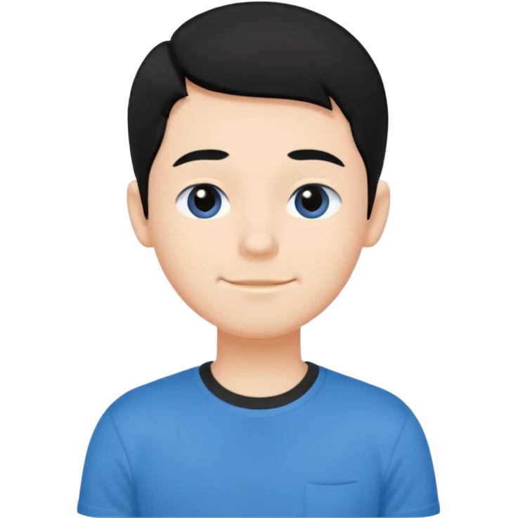 Cute cartoon-style boy portrait, black hair, blue t-shirt, big black eyes, closed mouth,clean bold lines, flat colors, minimal shading emoji