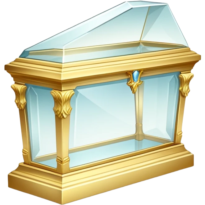 A delicate glass coffin with golden trim, resting on an ornate pedestal. Soft light reflects off the glass, adding an ethereal, fairy-tale glow emoji