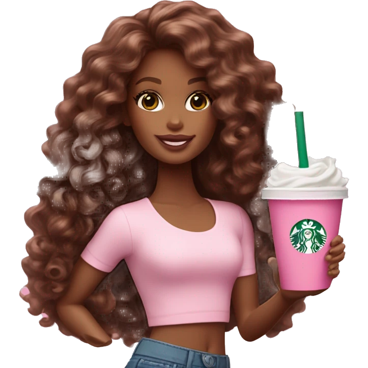 Barbie girl with brown long curly hair holding Pink starbucks refresher emoji