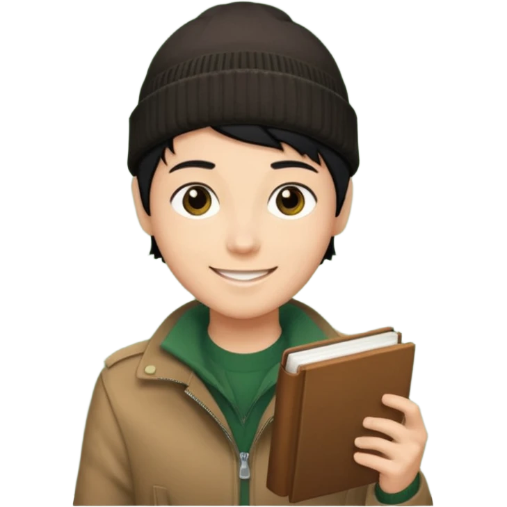 tan skin, non binary man with pixie cut black hair, wearing brown jacket and dark green beanie, smiling , holding up  book  emoji