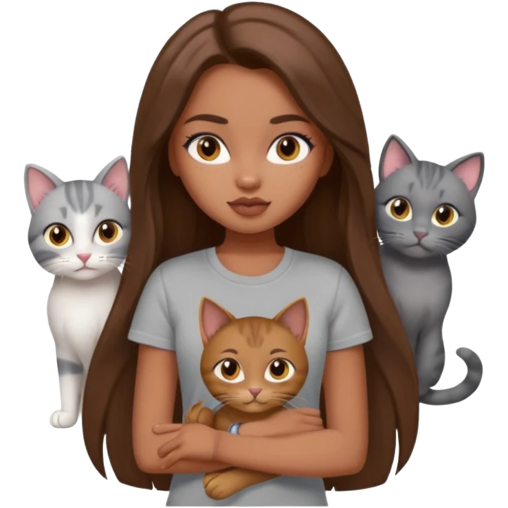 a pretty bratz dusky girl with long brown hair with four cats nd wearing a grey tshirt emoji
