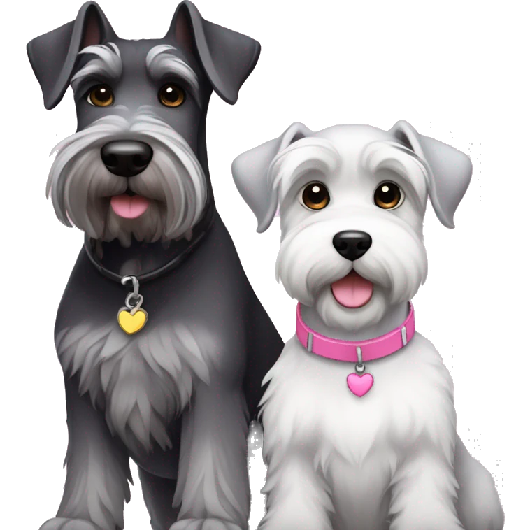 A big gray schnauzer with dark eyes wearing a black collar next to a small all white puppy schnauzer wearing a pink collar  emoji