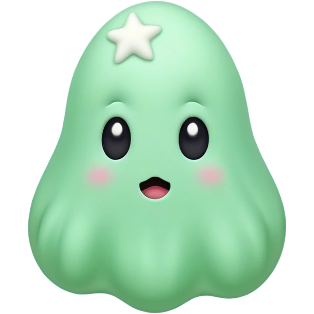 A cute, light green animated blob ghost with big round black eyes, a small white mouth, and rosy cheeks. The character has a unique upward-curving white tuft on its head. It stands against a soft pastel green background with a small white star to its left.  emoji