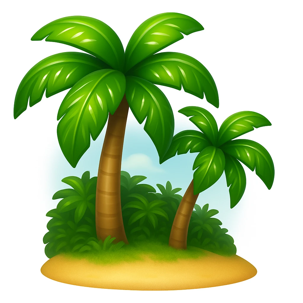 Create a beach emoji that looks exactly like the reference image in classic iOS emoji style. The emoji should have a 3D appearance with shiny, smooth gradients and soft shadows. Include palm trees and sand with the classic emoji look, emphasizing the 3D, shiny, smooth gradient style and soft shadows as seen in iOS emojis. Add a glossy effect to the palm leaves to make them appear shiny and vibrant. emoji