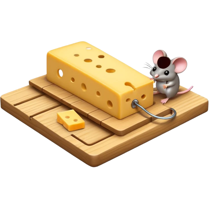 A 3D emoji in iOS emoji aesthetic style of a small mousetrap on a wooden base with a tiny gray mouse approaching a small piece of yellow cheese on it, minimal white background, bright lighting, clean and glossy Apple-style design emoji