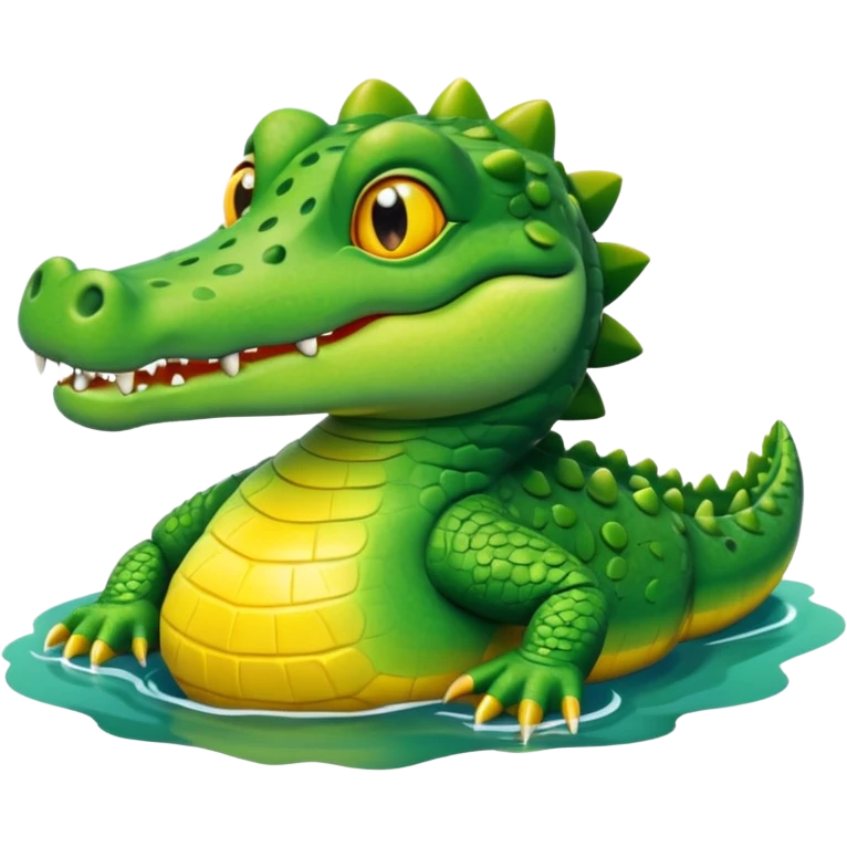 A cute 3D cartoon crocodile resting on a riverbank, part of its body in the water. Smooth rounded design, bright colors, soft lighting, friendly expression, Memoji-style realism. emoji