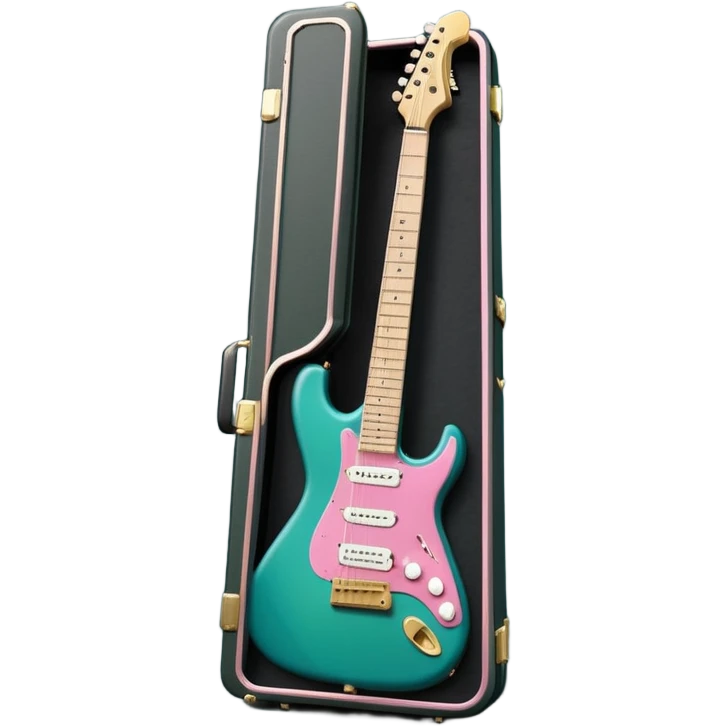 minimalist electric guitar in dark green with pink and blue stripe decal, closed inside a black rectangular hard case with gold latches, flat semi-3D style, soft matte textures, simplified details, stylized decal accent, compact artistic look emoji
