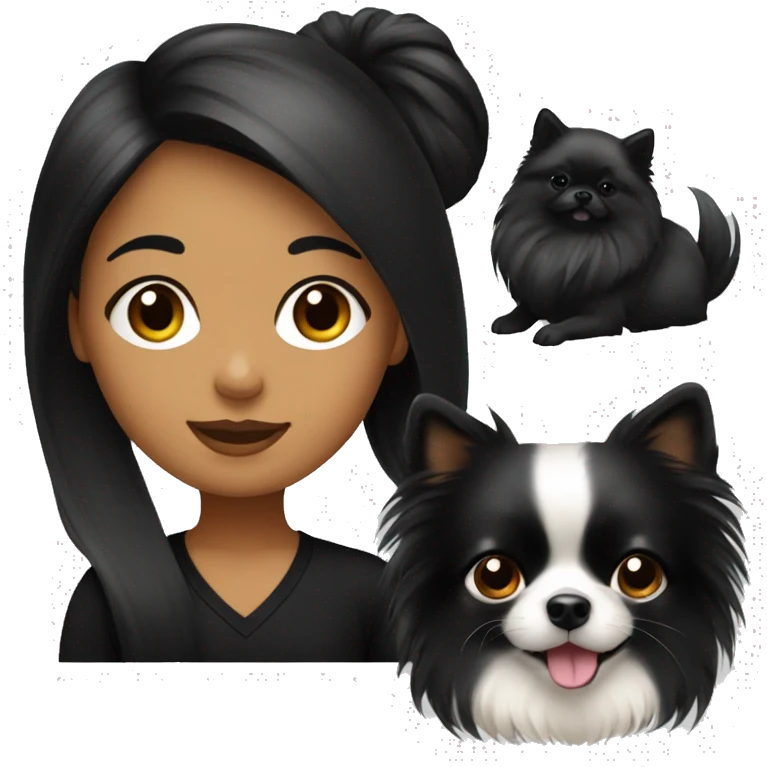 A girl in black long hair with a Pomeranian emoji