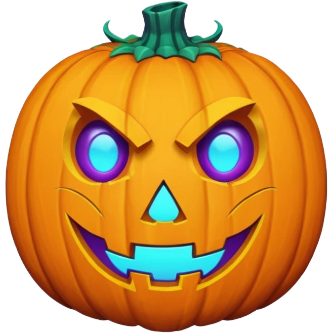 A futuristic glowing jack-o'-lantern face emoji, purple and cyan colors only, dark background emoji