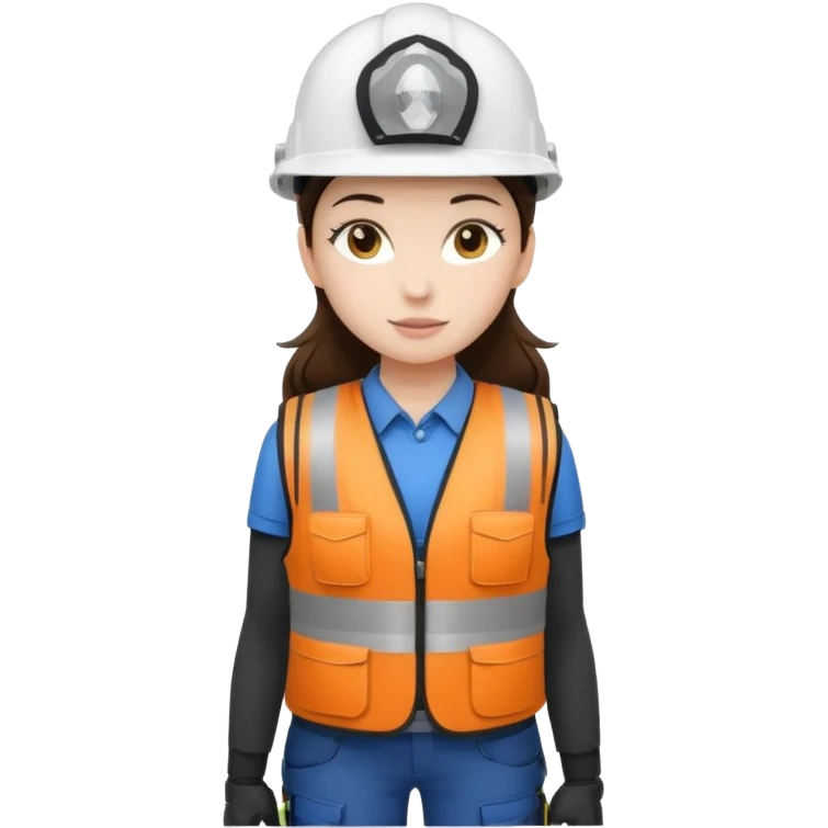 Brunette brown Girl full body standing with her white security helmet and security vest that fits her large on, also with her black backpack. Full body emoji