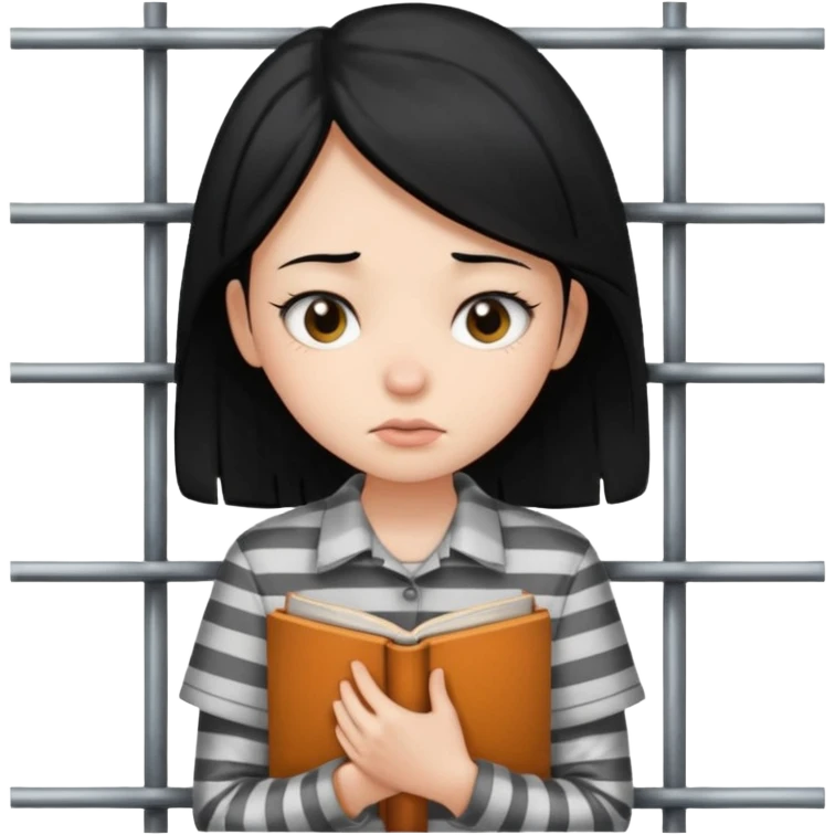 girl with black hair behind bars holding a book, casual shirt top emoji