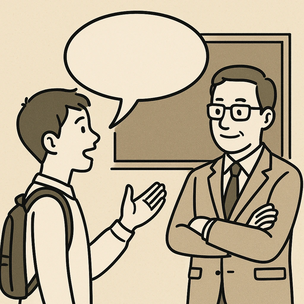 a student facing a teacher with speech bubbles to indicate the student is speaking, symbolizing verbalization of learning emoji
