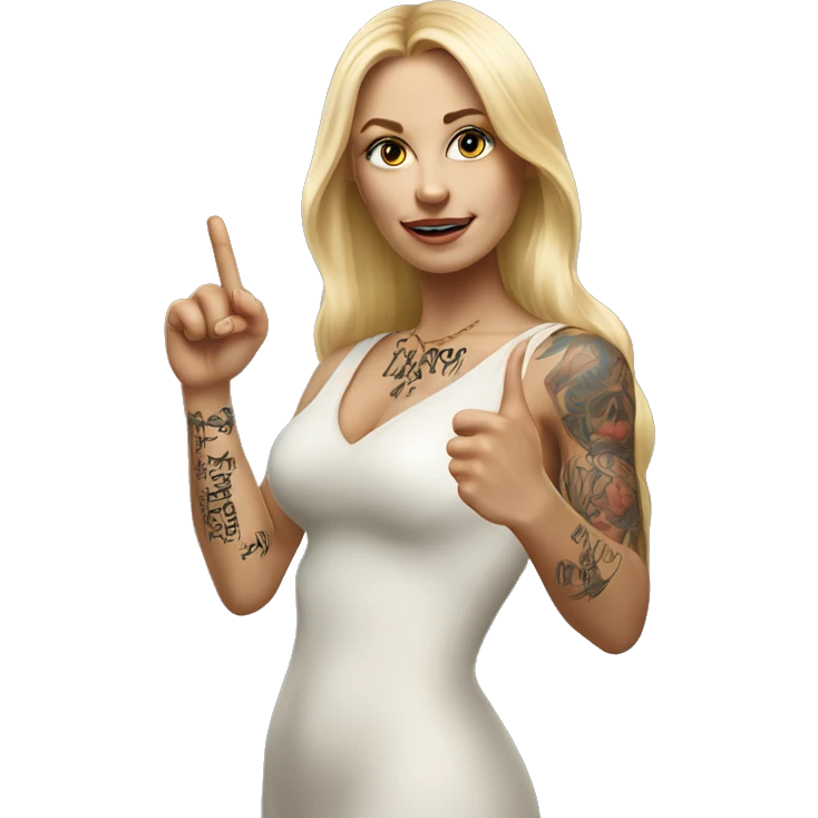 Blonde elegant women with LONG HAIR, her Body Covered with Tattoos, POINTING YOU FORWARD with her HAND with INDEX FINGER, Hyper Realistic emoji