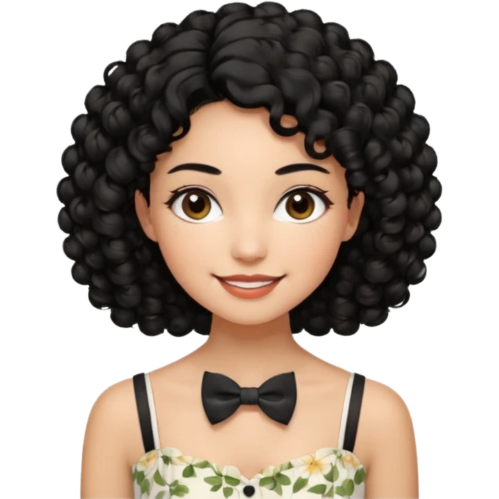 A young woman. She has voluminous, curly black hair that frames her face beautifully. Her skin tone is warm and glowing, and she has a subtle, natural makeup look. She’s smiling softly at the camera. She is wearing a white floral top with thin straps and a small bow tie detail in the front. emoji