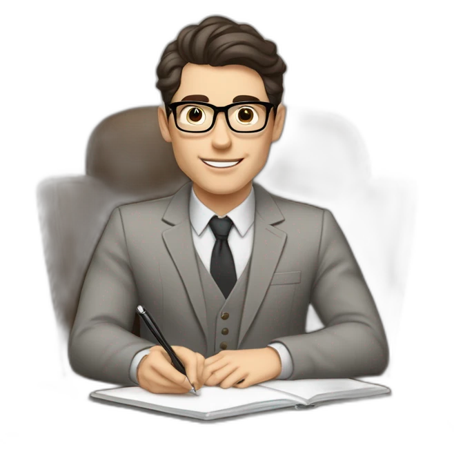 Pale skinned Fit Man With dark brown hair in gray jacket, beige office shirt and vintage glasses sitting In a soft chair with a notebook with emblem Ψ and a pen in his hands emoji