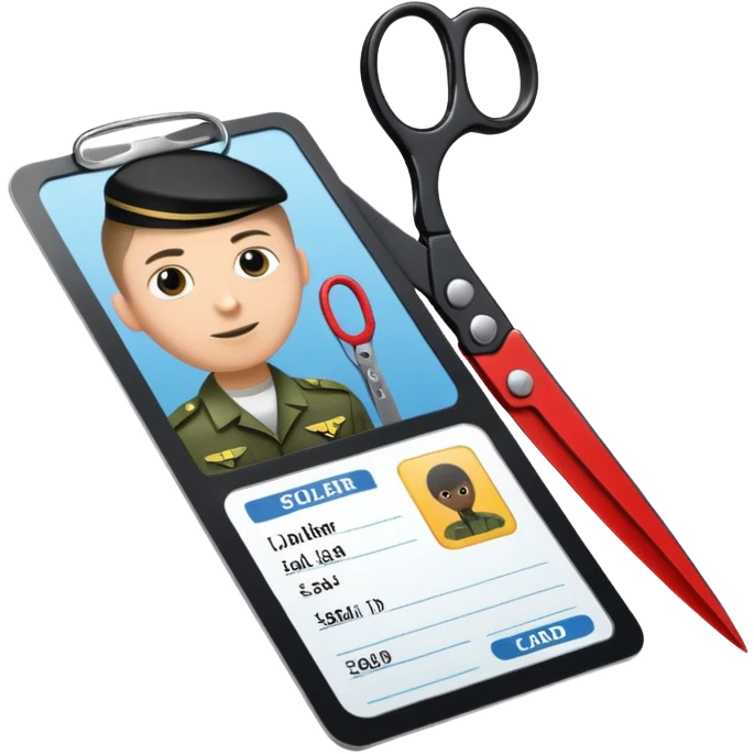 Floating black Scissors cutting an idf soldier ID card in 2 parts .hyper realistic emoji