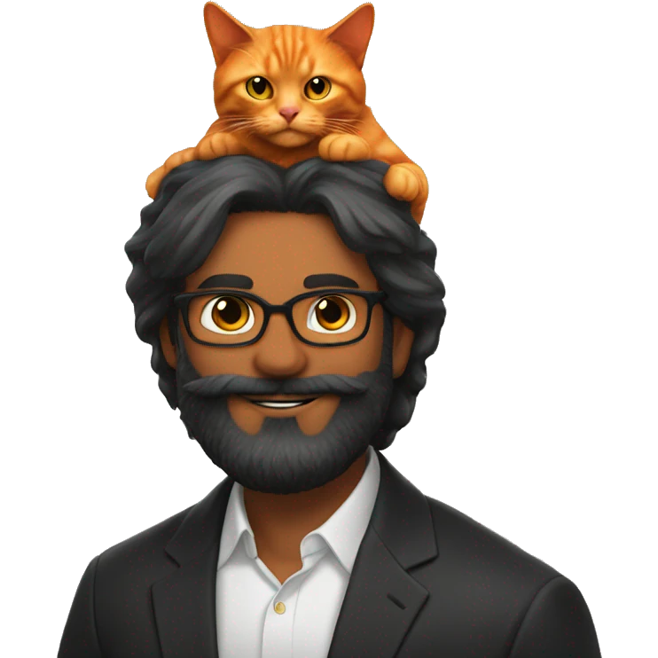 Orange and black cat sitting on bearded mans head emoji