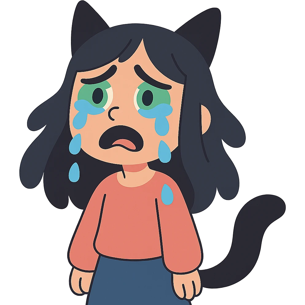 A girl with tears, black fox ears, and a tail, green eyes, dark hair emoji