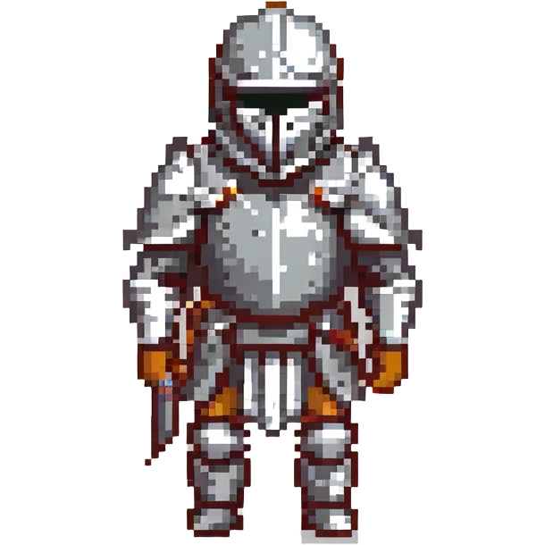 A pixel art knight in armor with a closed helmet, expressing horror. The knight's arms and legs are in different positions. The image is portrait-sized and has a clear outline. emoji
