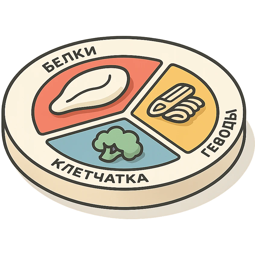 Гарвардская тарелка с тремя секциями, 2d-isometric стиль, с тенями и бликами, без руки, чистый фон. В секции белки — контурная куриная грудка, в секции углеводы — контурная паста, в секции клетчатка — контурная брокколи. Подписи по-русски: белки, углеводы, клетчатка. emoji