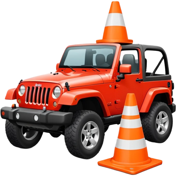 red Jeep Wrangler running over a completely all-white traffic cone with tire contact visible, no orange, no stripes, no markings, emoji style emoji