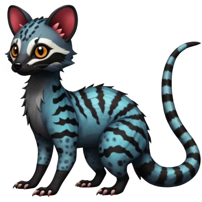 Rare warm-colored exotic edgy cute epic aesthetic spooky dark colorful Genet-Salandit-Civet-species-Fakemon-hybrid-creature, with beautiful intricate markings, full body emoji