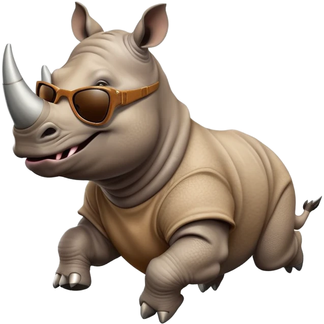 friendly anthropomorphised rhino jumping with excitement, wearing dark sunglasses, dynamic energetic pose emoji