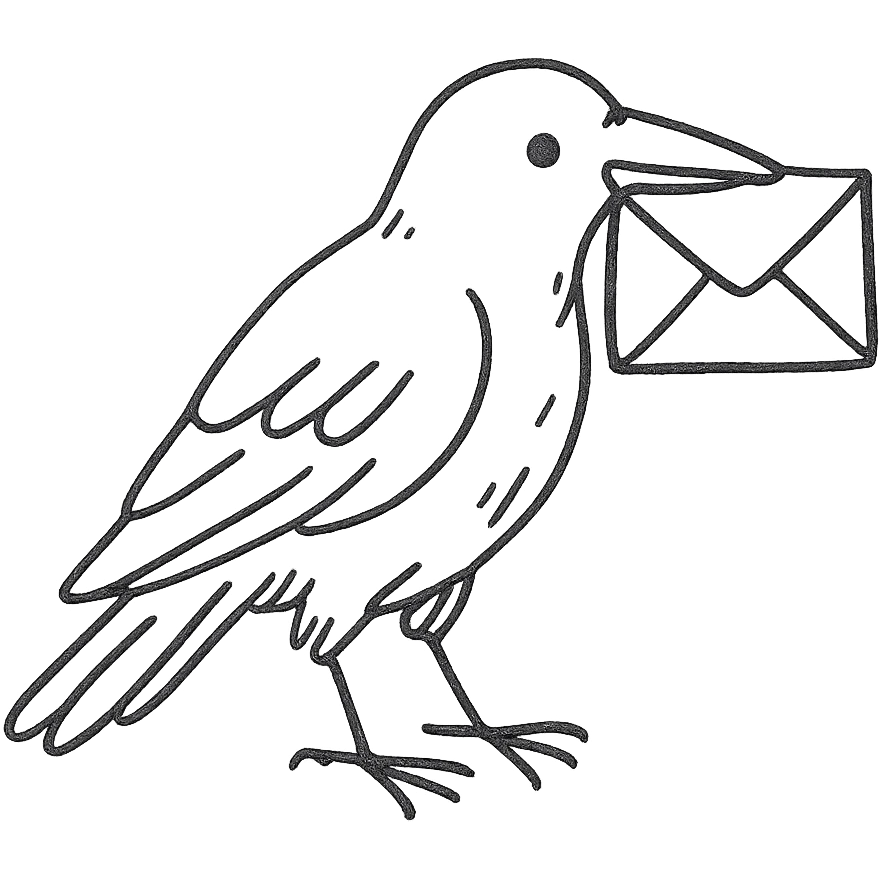 hand drawn outlined icon of a raven with a letter emoji