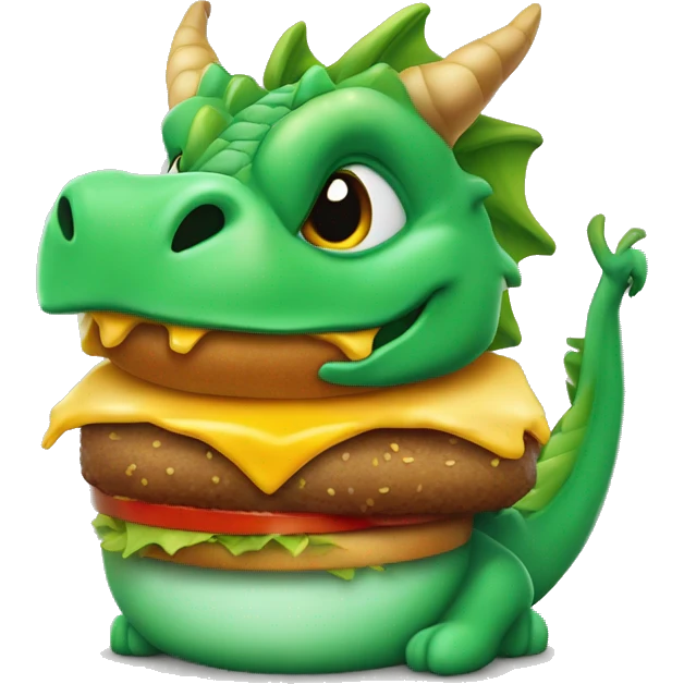 un dragon vert avec des ails verte qui tien un burger emoji