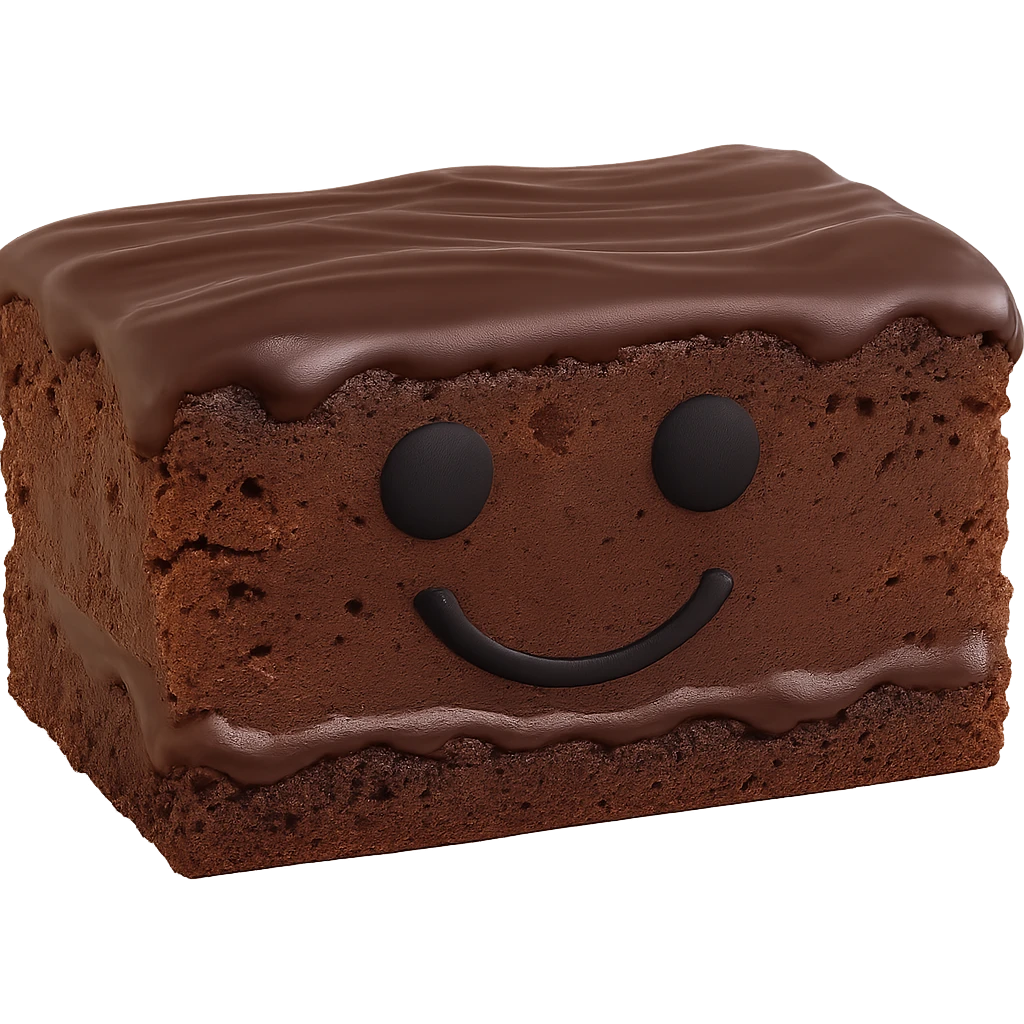 Make the chocolate brownie shorter and more rectangular, not square. Keep the chocolate sauce on top darker, retain the black smiley face and both black eyes. Maintain the transparent background. The style should match the original image's look and feel. emoji