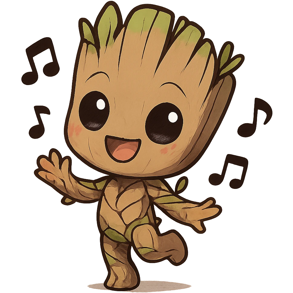 chibi anime style Groot dancing, oversized head, joyful and cute, one foot up, musical notes emoji