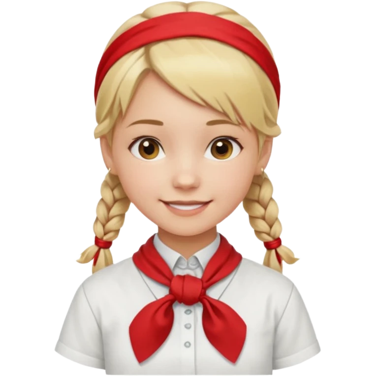 A Soviet pioneer girl emoji — smiling young girl with blonde hair tied into two short braids. She wears a white school shirt and a wide bright red pioneer neckerchief tied in a loose triangular knot at the chest (not a necktie). No suspenders, no jacket, no hat emoji