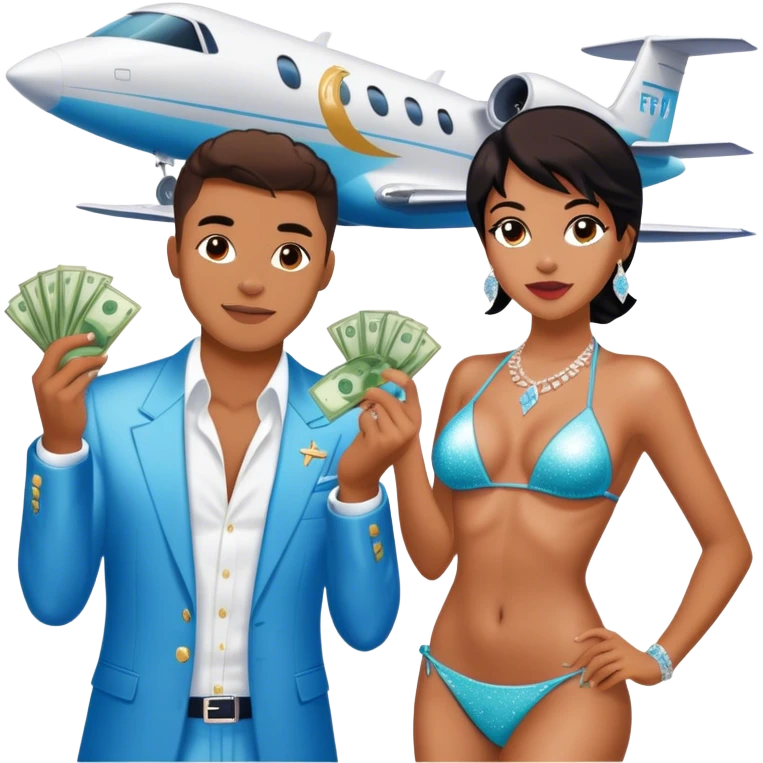 tefi valenzuela wearing diamond sparkle un top bikini and josh king madrid standing on private plane throwing money at her emoji