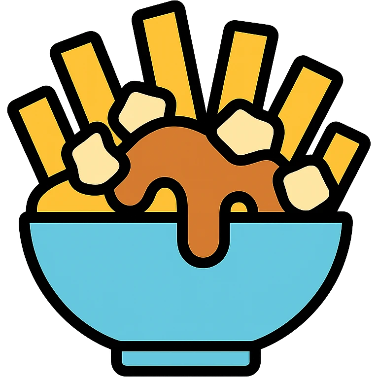 poutine, color icon, fries, cheese curds, gravy, clean lines emoji