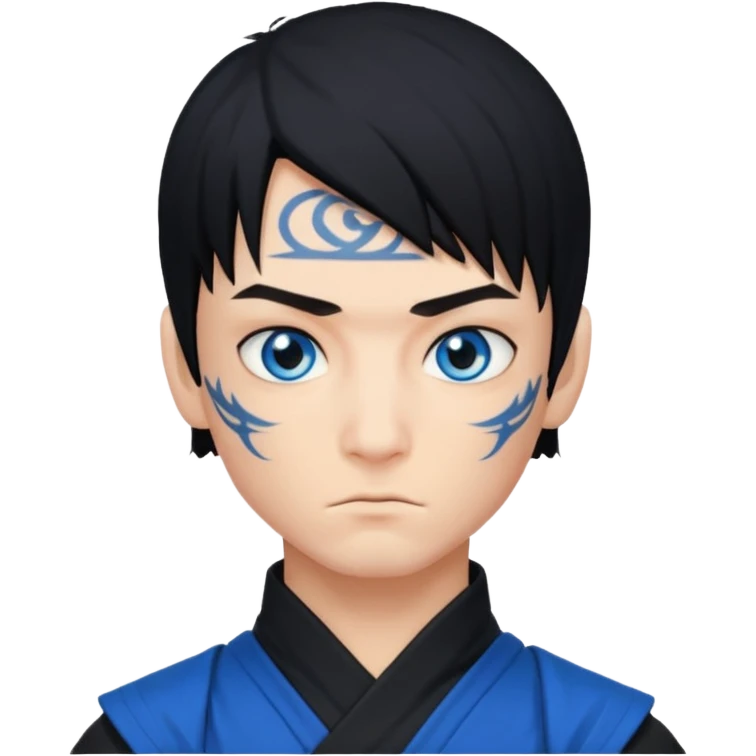 ninja boy, black modern hair, blue eyes, tattos emoji