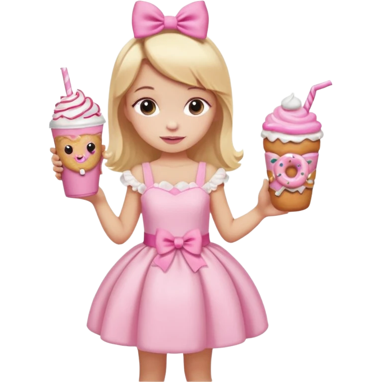 A little girl with a Dunkin' milkshake and a donut with pink frosting and marshmallows, wearing a pink coquette-style dress with bows and blonde hair. emoji