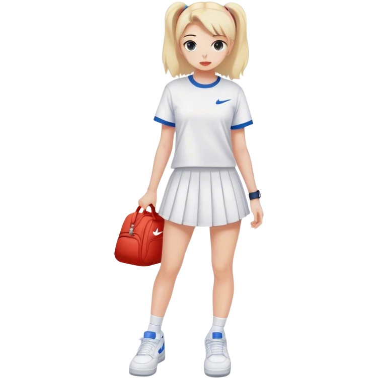A cute girl wearing a tennis skirt, baggy T shirt, and Nike Air Force ones emoji