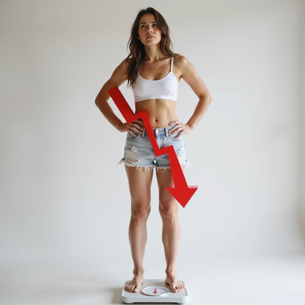adult woman, photorealistic, standing on a scale with a large graphic red arrow going up and down, confused expression, natural light, light background, concept of yo-yo diet effect emoji