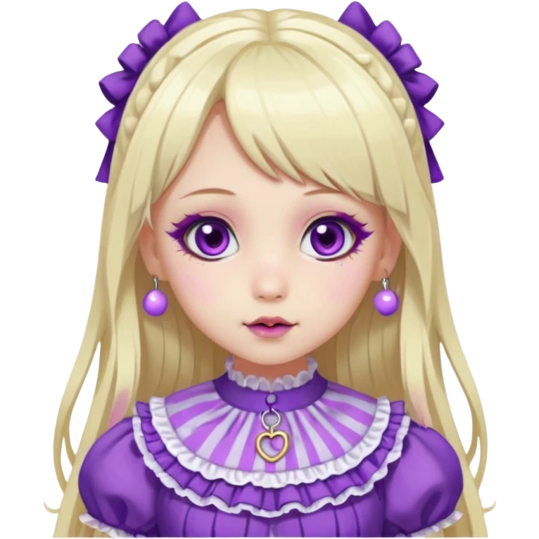 Ai pale girl , who has straight long length blonde and purple swirled hair , hazel eyes , and doll like makeup , with a septum piercing, nostril piercing, in a purple lolita hime gyaru dress emoji emoji