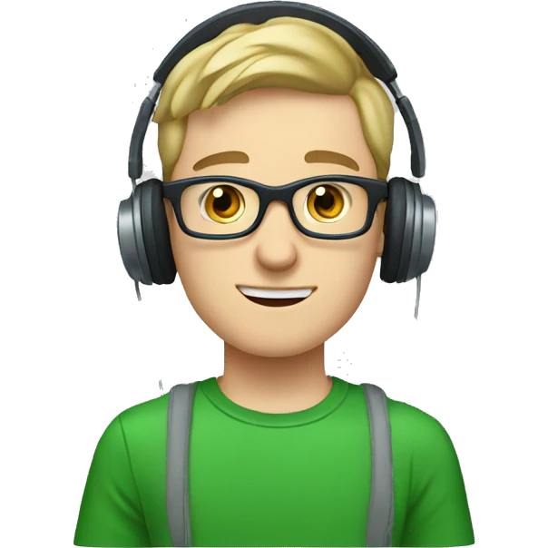 white young man with square glasses and blue eyes wearing green t-shirt with laptop and headphones emoji