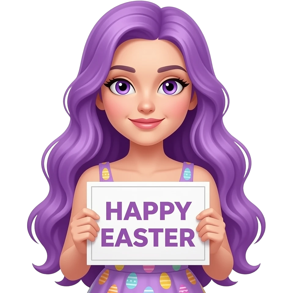 sexy girl with long purple hair and purple eyes wearing a easter dress holding a HAPPY EASTER sign emoji