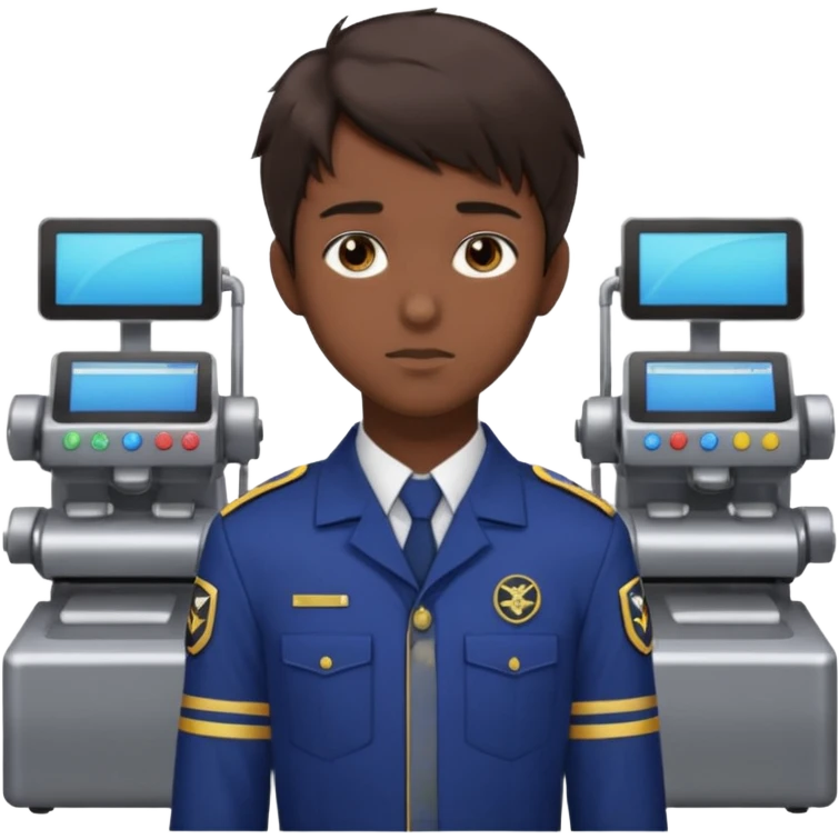 A 20-year-old man with dark brown hair, anime style, dark brown eyes, his hair on the right side is normal and straight, while the left side extends sideways. He is wearing a collared uniform. The background is filled with machines. emoji