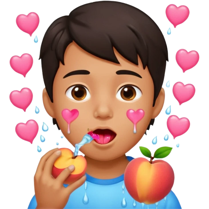 Cute boy, grown out dark hair, eating a peach, pink hearts floating , water dripping from mouth emoji