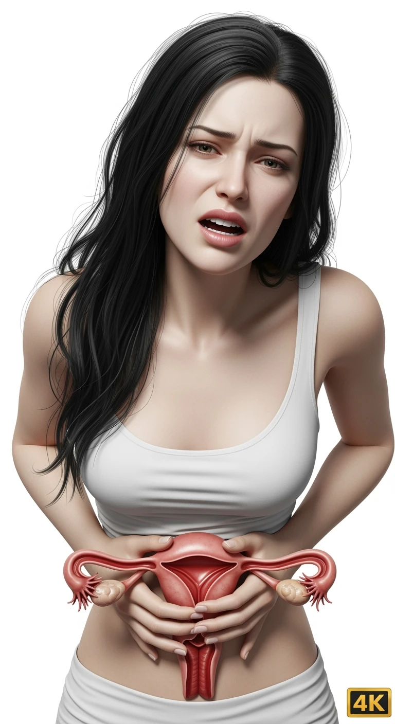 donna con utero umano realistico in evidenza dolorante, espressione di dolore in volto, sfondo bianco, non farla computerizzata, ma iperrealistica 4k emoji