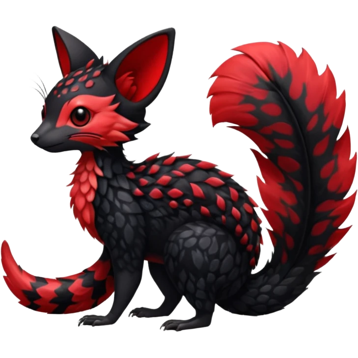 Feral Rare Fantasy shiny soft fuzzy furry vibrant tropical obsidian-black and crimson-red Vernid-Trico-species-creature by LiLaiRa, random markings, tufted tail, tufted ears, full body with markings emoji