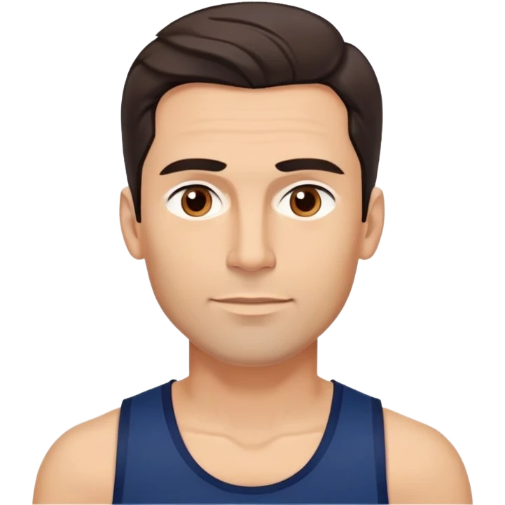 Youthful-looking athletic 40-year-old man with light brown skin, elongated face, defined jawline, attractive features, medium dark eyes, arched eyebrows, straight nose, confident expression, medium wavy dark hair with modern style, wearing a navy blue tank top emoji